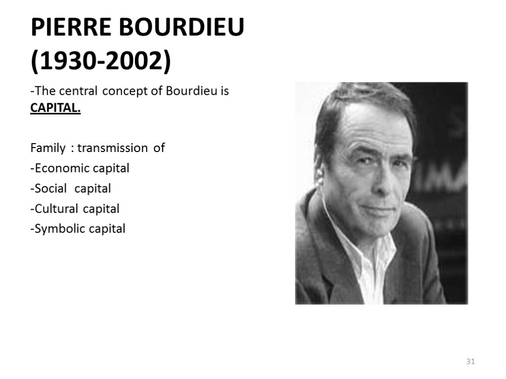 PIERRE BOURDIEU (1930-2002) The central concept of Bourdieu is CAPITAL. Family : transmission of